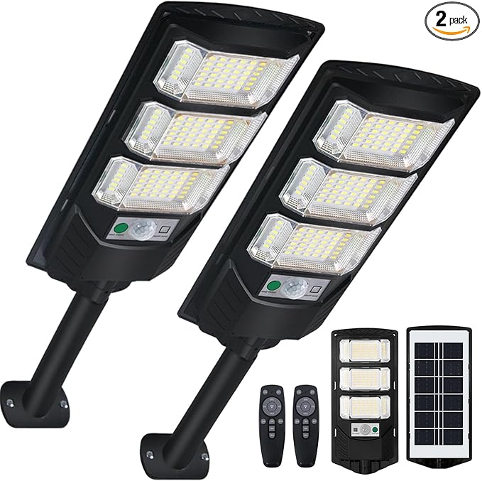 Solar Outdoor Light 2 Pack 144 LED 6500K Dusk to Dawn Solar Powered Street Light IP65 Waterproof Motion Sensor Security Flood Light with Remote Control Smart Light for Patio Barn Yard Garage