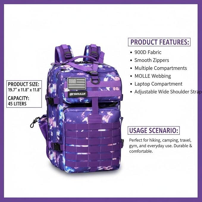 45L Military Tactical Backpack for Men &amp Women Bug Out Bag Assault pack Molle Daypack Hiking Trekking Rucksack (2.0 side pockets (purple tie-dye)