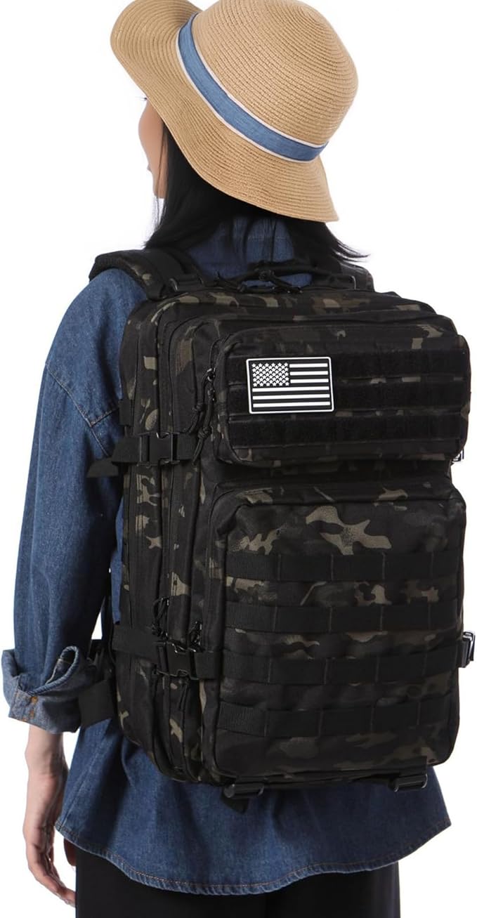 50L Sturdy Waterproof Fishing Hunting Bag Outdoor Military Tactical Sports Fitness Camping Hiking GYM Bag Backpacks (Camo black)