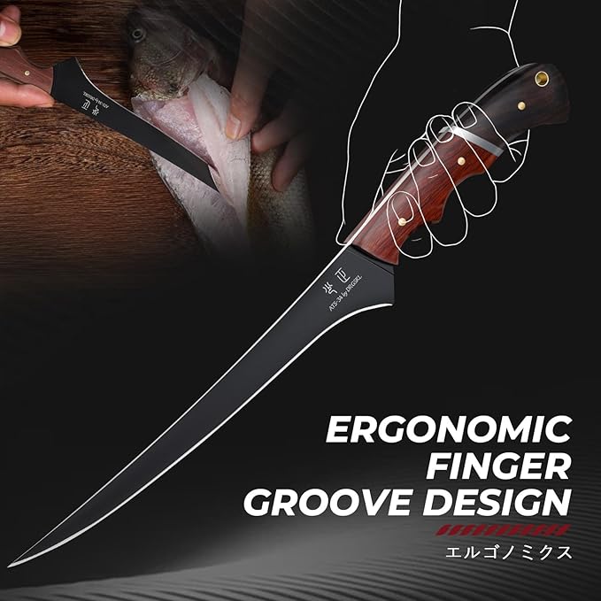 Fish Fillet Knife 7inch - Black Meat Slicing Knife in High Carbon Steel Boning Knives for Meat Poultry Chicken Trimming Fish Knives with Wooden Handle Gift for Men