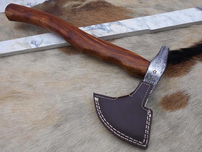 Damascus Depot Camper Axe 14 Inches Long Hand Forged Carbon Steel with Rose Wood Round Handle Bearded Hiking Battle Axe Thick Cow Hide Leather Sheath