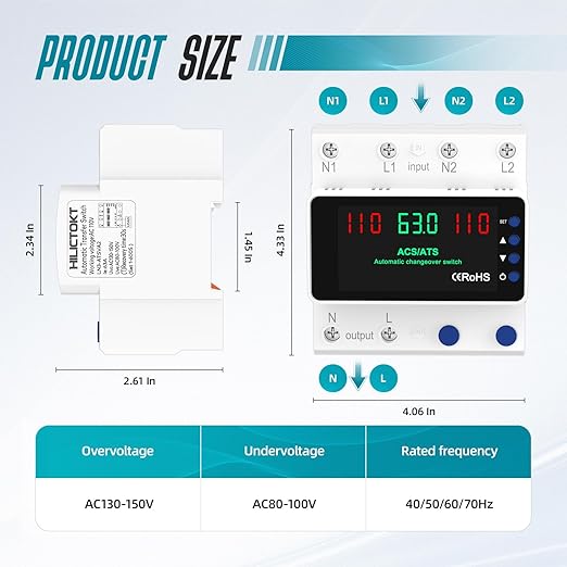 Automatic Transfer Switch 63A 110V Manual Changeover Switch DIN Rail Mount 63Amp AC 2P Dual Power Mini ATS with LED Display for Home Generator &amp Gas Furnace Adjustable Voltage 50/60Hz CE Certif