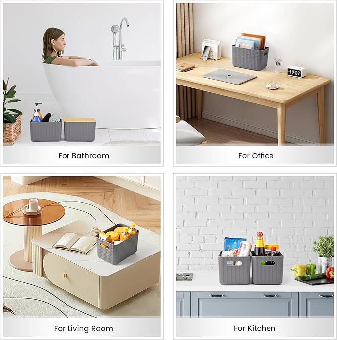 Ohmlove 4 Packs Storage Bins with Bamboo Lids - Plastic Storage Containers with Lids Stackable Storage Box：Storage Baskets for Organizing Desktop Closet Playroom Classroom OfficeGray