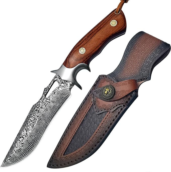 Fixed Blade Hunting Knife with Leather Sheath - 10 Full Tang Stainless Steel Camping Knife with Ergonomic Wood Handle &amp Damascus Pattern - Sharp Outdoor Survival Tool for Hiking Bushcraft Fishi