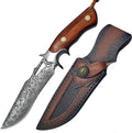 Fixed Blade Hunting Knife with Leather Sheath - 10 Full Tang Stainless Steel Camping Knife with Ergonomic Wood Handle &amp Damascus Pattern - Sharp Outdoor Survival Tool for Hiking Bushcraft Fishi