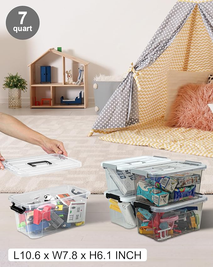 NUMIFUN Plastic Storage Bins With Lids 6 Pack Storage Organizer Bins 7 Quart Stackable Storage Bins with Lids and Black Handle Buckle Easy for Home Office Organization White