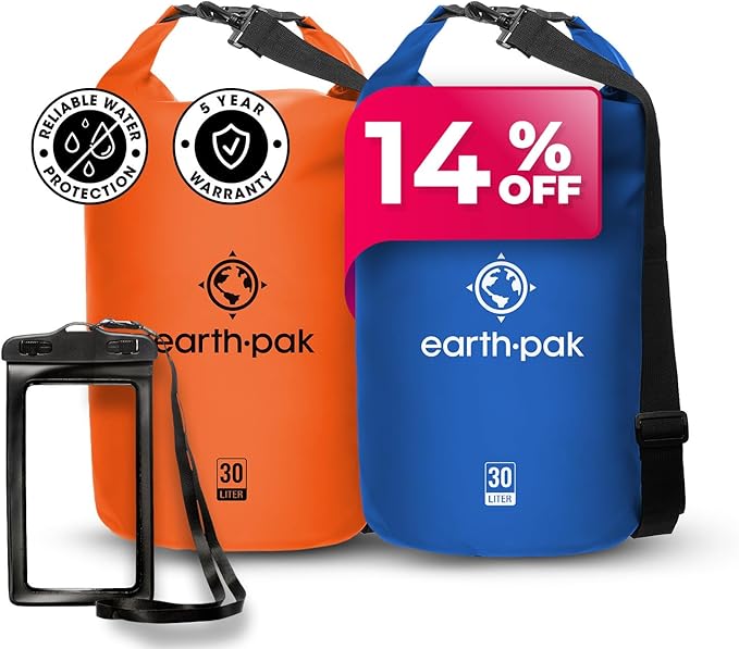 Earth Pak Waterproof Dry Bag - Roll Top Waterproof Backpack Sack (30L Orange &amp 30L Blue)