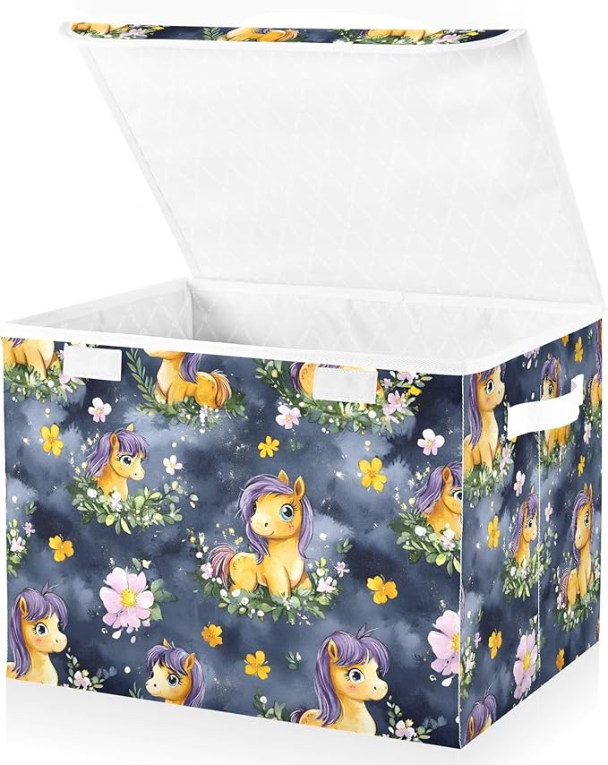 Storage Cube with Lid Cute Horses Print 16.5×12.6×11.8 IN 1 Pack Collapsible Large Capacity Foldable Storage Basket Bin Organizer