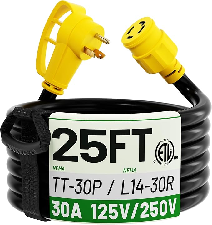 POWGRN 25 FT RV Power Cord 30 Amp Extension Cord 4 Prong to 3 Prong Adapter Generator Extension Cord 30 Amp RV Adapter NEMA TT-30P to NEMA L14-30R 10AWG STW 30A 125V 3750W Yellow ETL Listed