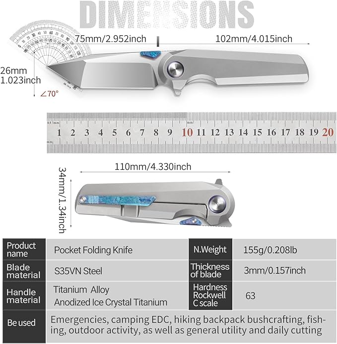 ioko Pocket Folding Knife with Titanium Alloy Handle S35VN Steel Blade Ice Crystal Anodized Finish 2.9 Inch Blade EDC Camping Hiking Outdoor (silver gray)