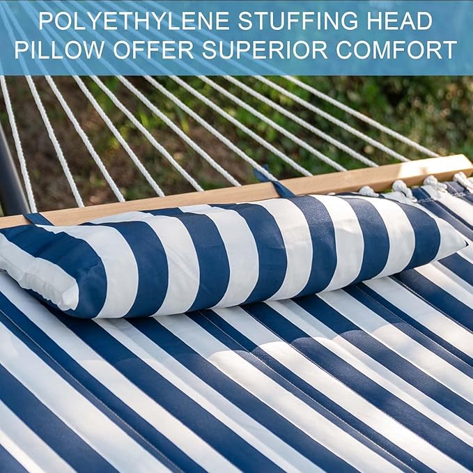 Lazy Daze Hammocks 12FT Quilted Fabric Double Hammock with Spreader Bars and Detachable Pillow 2 Person 450lbs Capacity Blue White