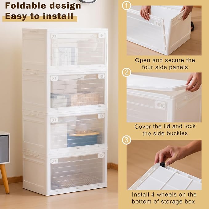 latifolia Plastic Storage Bins Stackable with wheels Collapsible Storage Containers 4-Pack for Home Oraganization Heavy-Duty Tote Box with Lids