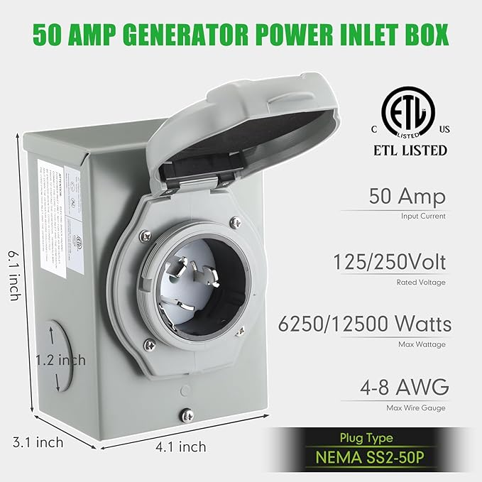 Gisafai 50 Amp 25FT Generator Cord and Pre Drilled Power Inlet Box Compatible with NEMA 14-50P to SS2-50R 125/250V Locking Connector with SS2-50P Generator Inlet Box to House ETL Listed