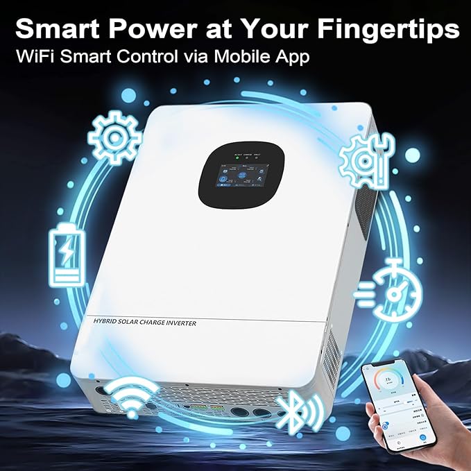 10000W 48V All-in-One Solar Hybrid Inverter UL 20KW Peak Pure Sine Wave 48V DC 120V/240V Single&ampSplit-Phase Dual MPPT 6 Parallel Battery-Free UPS WiFi Lead-Acid/Lithium Off-Grid Home &amp