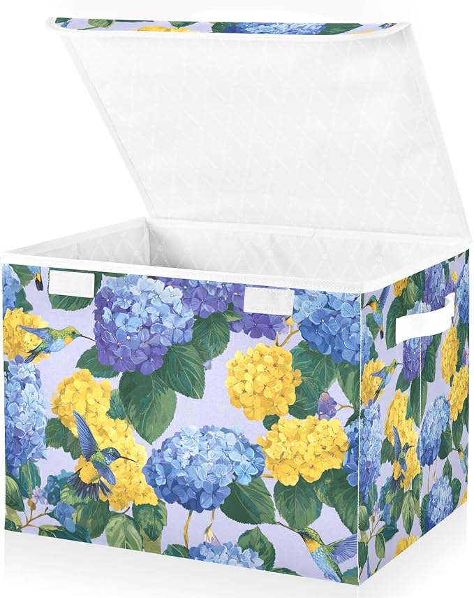 Storage Bins with Lids Storage Containers Box Organizer Bin Basket with Handles for Closet Shelves Clothes Stackable Foldable Decorative Blue Hydrangeas Hummingbirds
