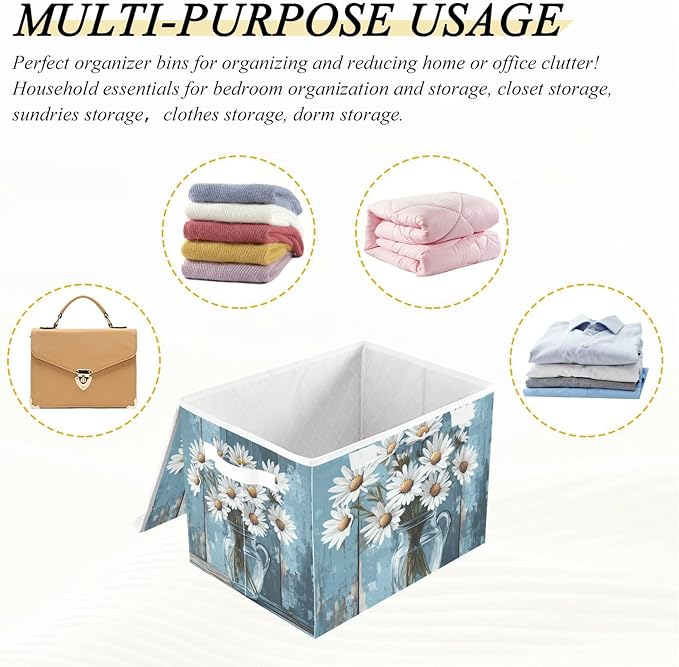 Collapsible Storage Bins with Lids Decorative Fabric Storage Cubes Closet Organizer and Storage Basket Boxes Containers for Clothes Box Chest Nursery Folding Rectangle Daisy Wooden Blue