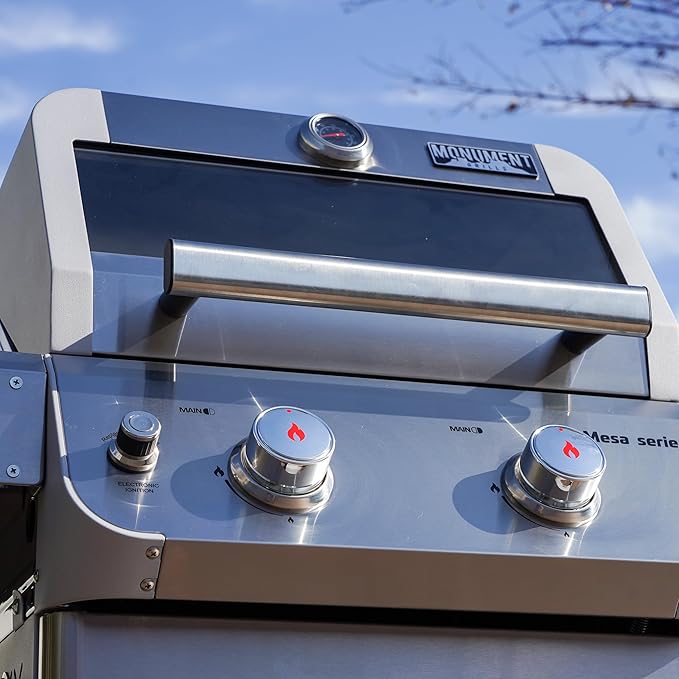 Monument Grills 2-Burner Stainless Steel Liquid Propane Gas Grill Two Foldable Shelves Patio Garden Barbecue Grill with Clearview® Lid Knob Control Mesa200S