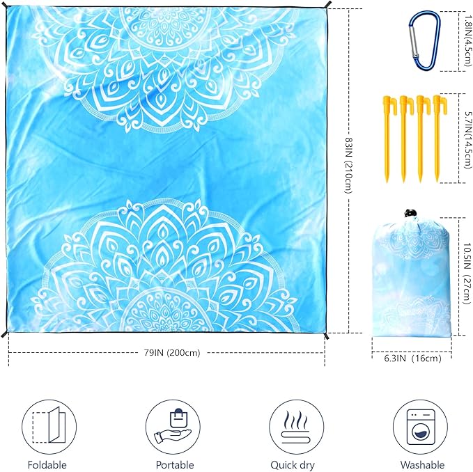 Beach Blanket Waterproof Sandproof Beach Mat 79 X 83/10'x9'for 2-8 Adults Quick Drying Outdoor Picnic Mat Beach Accessories for Travel Camping Hiking