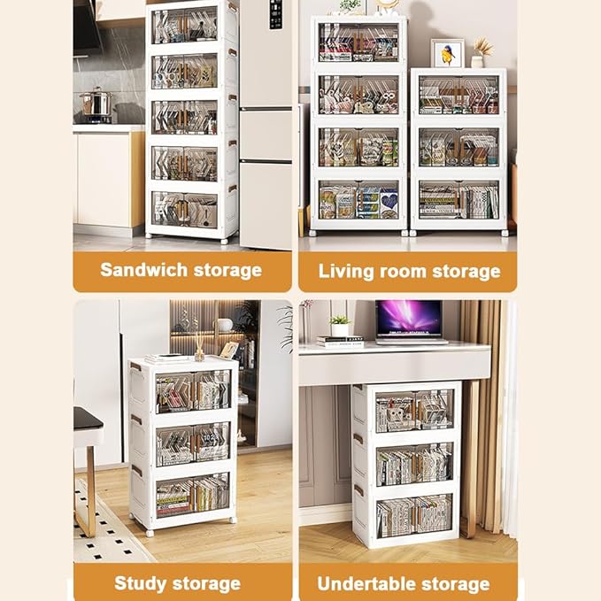 4-Pack Collapsible Storage Bins with Lids Heavy-Duty Stackable Storage Bins with Wheels &amp Clear Doors Multi-Tier Foldable Organizer for Home Closet Office Seasonal Clothing Books