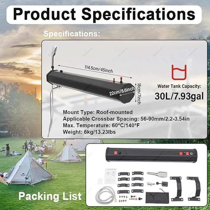 Portable Pressurized Water Tank for Camping Shower - 30L Road Solar Shower with Spray and Hose for Off-Road Verhicles Trucks SUV - Electric Pressurized Air Pump