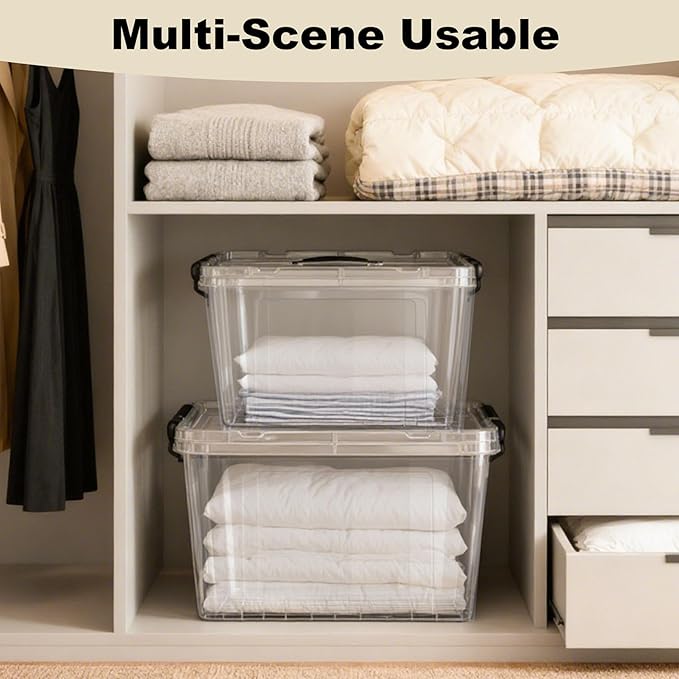 60 QT Plastic Storage Box with Lid and Latches - 4 Pack - BPA-Free See-Through Organizing Solution Durable Nestable Stackable Containers Secure Pull Handle - Clear (60 QT)