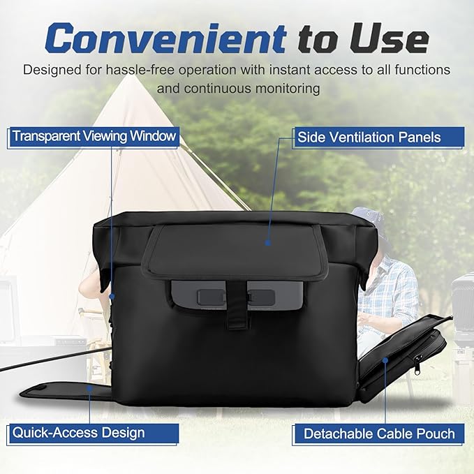 Heavy-Duty Protective Cover Compatible with EcoFlow DELTA 2 Max &amp Extra Battery 1680D Waterproof Dustproof Storage Case with Side Accessory Pocket Precision Fit for Outlets &amp Ventilation (Bl