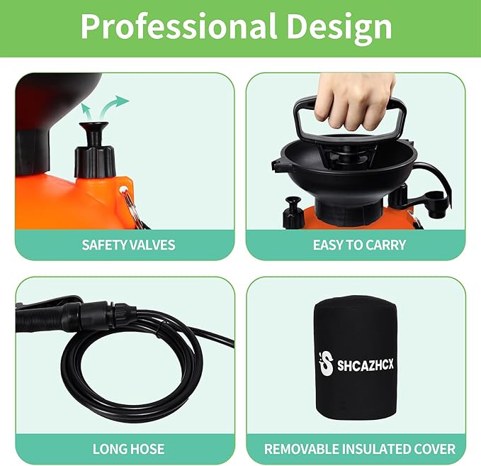1.3 Gallon/5L Portable Outdoor Shower 10 Spray Modes No Power Needed Insulated Sleeve Keeps Water Warm Multi-Use Sprayer for Camping Beach &amp Surfing Fishing Hiking Road Trips Orange
