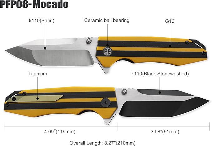Petrified fish PFP08 Mocado Pocket Knife3.58 K110 Steel Black Stonewashed Blade 5.64oz G10 Handle Flipper Liner lock Folding knife (Yellow Black Stonewashed)