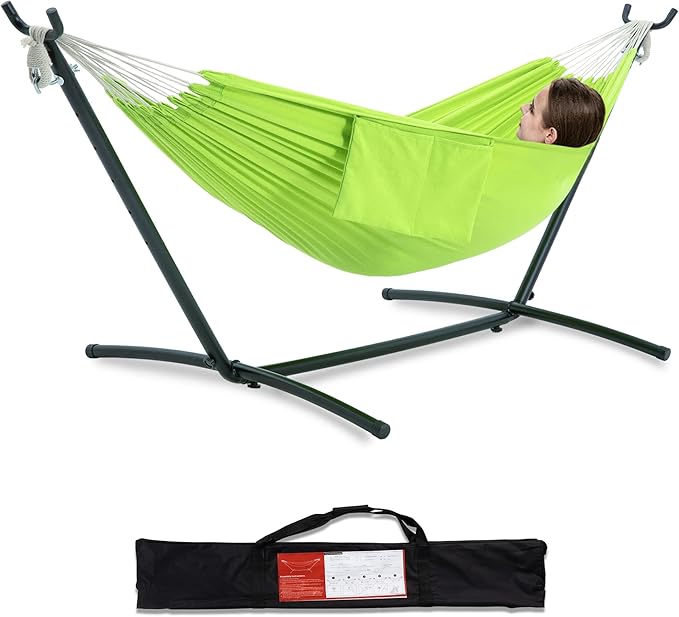 PNAEUT Double Hammocks with Stand for Outside Portable Space Saving Heavy-Duty Steel Stand for Indoor Outdoor Patio with Carrying Bag 450 lbs Capacity (Green)