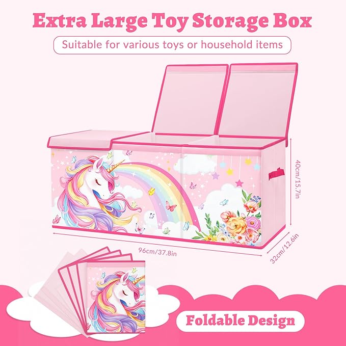 decalsweet Kids Toy Box Storage Chest Collapsible Storage Bin with Lids Handles for Boys Girls Toddler Large Kids Toy Organizer Box for Kidsroom Bedroom Playroom Nursery37.7x12.5x15.7