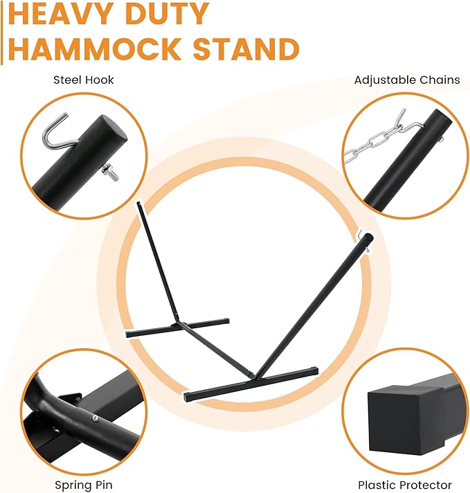 Lazy Daze Hammocks 2 Person Portable Hammock with 12FT Stand Double Hand Woven Cotton Rope Hammock with Detachable Quilted Pad &amp Pillow for Outside 450lb Capacity Grey