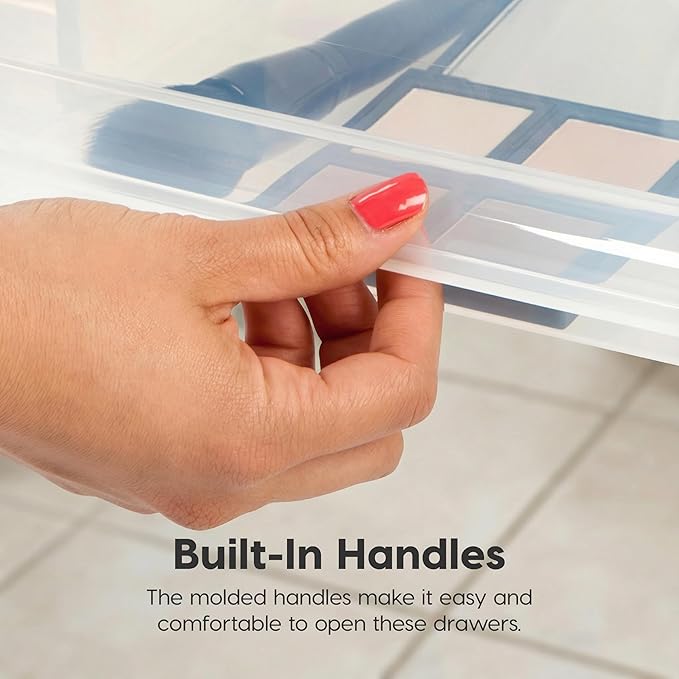 IRIS USA 22 Qt Under Bed Storage Drawer Stackable Plastic Organizer Bin Smooth-Glide Sliding Drawer 4 Pack White