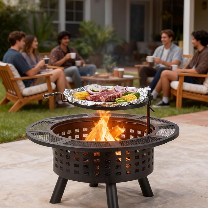 36 inch Outdoor Fire Pit with GrillWood Burning Firepits for Outside with Lid &amp Fire PokerMetal 3-in-1 Fire Pit Table with Cooking GrateOutdoor Fireplaces for BonfireYardBBQ（Jet Black）