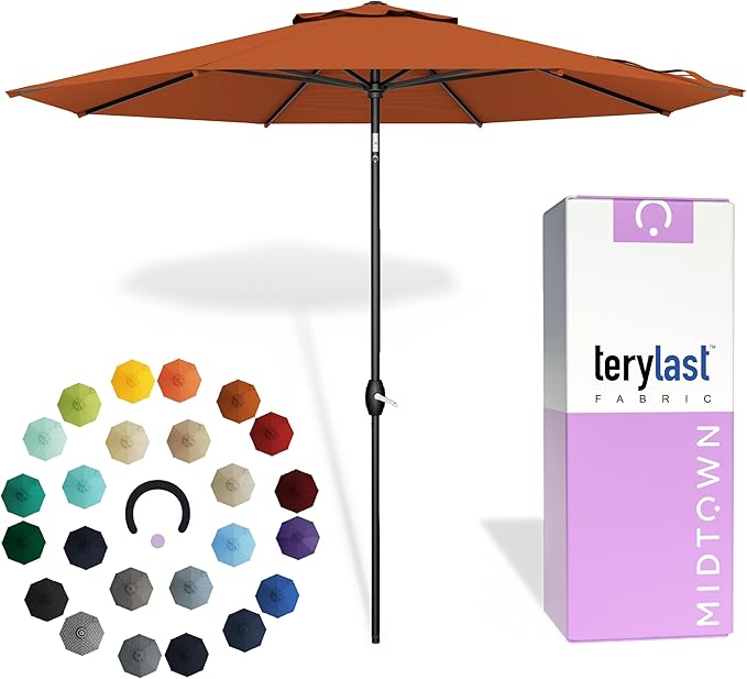 Midtown Umbrellas - 10-Year-No-Fade 9 Ft Patio Umbrella with Terylast Fabric Auto-Tilt Aluminum Frame and 8 Reinforced Ribs for Deck Pool Garden &amp Beach - Dark Orange Canopy Black Pole