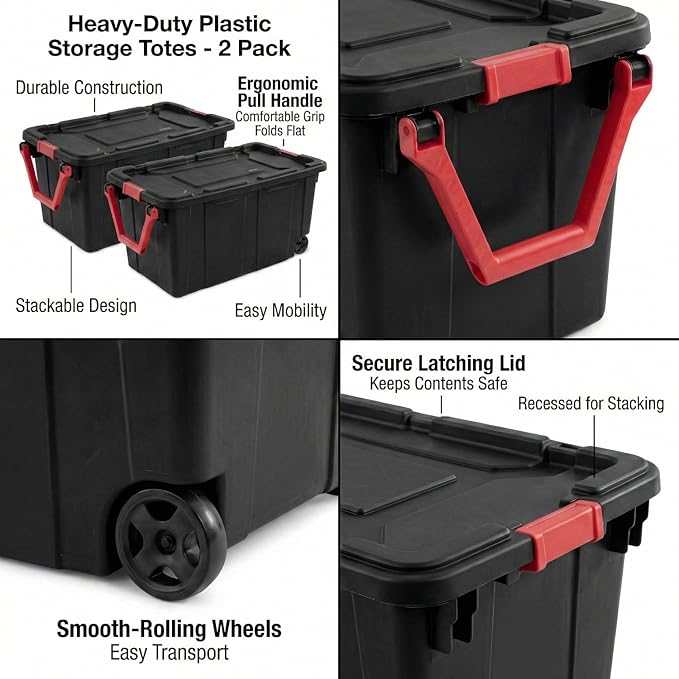 40 Gallon Plastic Storage Box with Wheels and Lids Stackable Industrial Tote Pack of 2 (Black)