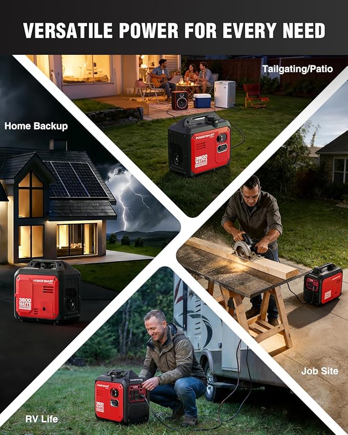 PowerSmart 3800W Portable Inverter Generator 59dB Super Quiet Gas Powered 143cc 4-Stroke OHV Parallel Ready EPA Compliant for RV Camping Tailgating and Home Emergency Backup