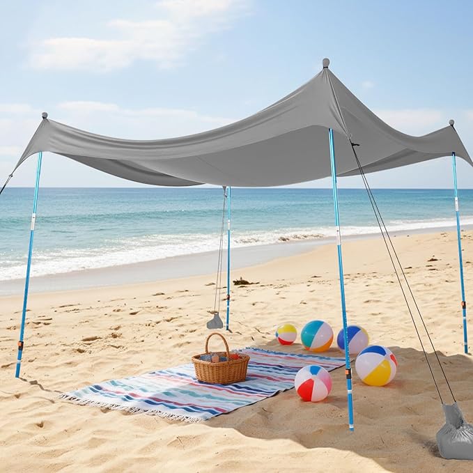 CROWN SHADES 10x10 Beach Tent Sun Shelter Easy Pop Up Beach Canopy Shade Portable Outdoor Carpas UPF50+ Includes 4 Poles Adjustable Aluminium Extra-Large Big Sand Shovel Grey