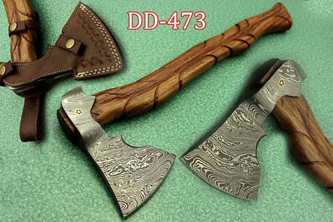 20 Inches Long Damascus Steel Tomahawk Axe Engraved Rose Wood Handle Bearded Hiking Battle Axe Hand Forged Damascus Steel Head Thick Cow Hide Leather Sheath