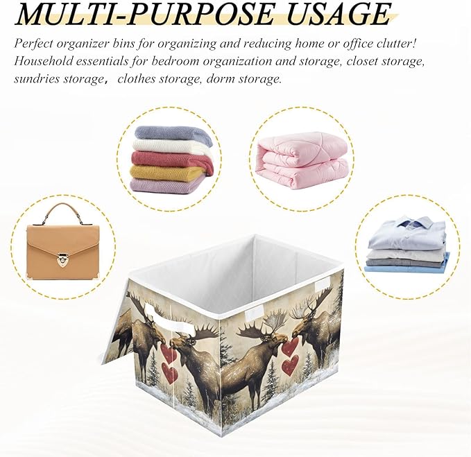 AIXIWAWA Lidded Storage Cube (Heart Moose) Fabric Foldable Closet Bins with Flip Lid and Handles Organizer Basket Container 16.5 x 12.6 x 11.8 IN