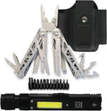 EPG Heavy Duty Multitool Bundle: Leather Case Multi-Function Flashlight Screwdriver Bits 18 Stainless Steel Locking Tools EDC Gear with Pliers Bottle Opener Box Cutter and More Fits in Pocket