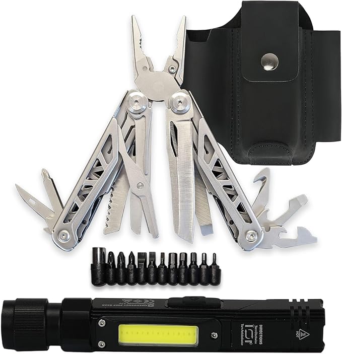EPG Heavy Duty Multitool Bundle: Leather Case Multi-Function Flashlight Screwdriver Bits 18 Stainless Steel Locking Tools EDC Gear with Pliers Bottle Opener Box Cutter and More Fits in Pocket
