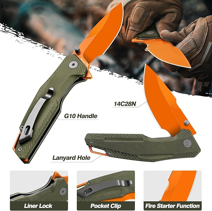 FINTISO Pocket Knife 3.26 Premium 14C28N Blade G10 Handle with Fire Starter Function Folding Knife with Pocket Clip for Men Women EDC Knife for Outdoor Camping Hunting Hiking Survival Falcon S