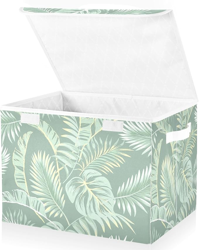 susiyo Large Foldable Storage Bin with Flip-Top Lid Tropical Plants Storage Box Collapsible Closet Organizer Containers Boxes Decorative Baskets with Handles for Home Bedroom Living Room Office