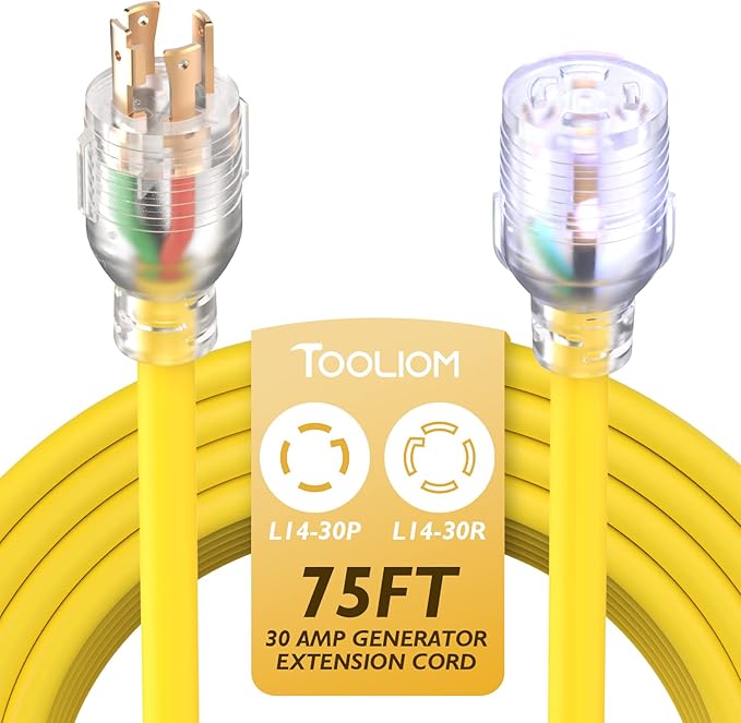 TOOLIOM 30 Amp Generator Cord L14-30P/L14-30R Generator Extension Cord UL Listed Heavy Duty Generator Power Cord 125/250V 7500W 10 AWG SJTW RV Extension Cord with Lighted Power Indicator (75FT)