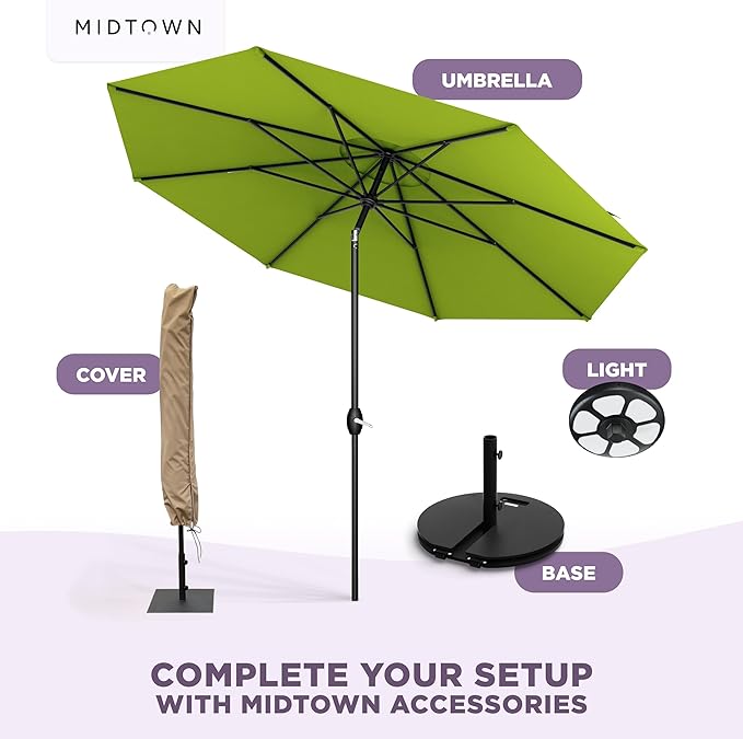Midtown Umbrellas - 10-Year-No-Fade 9 Ft Patio Umbrella with Terylast Fabric Auto-Tilt Aluminum Frame and 8 Reinforced Ribs for Deck Pool Garden &amp Beach - Pear Green Canopy Black Pole