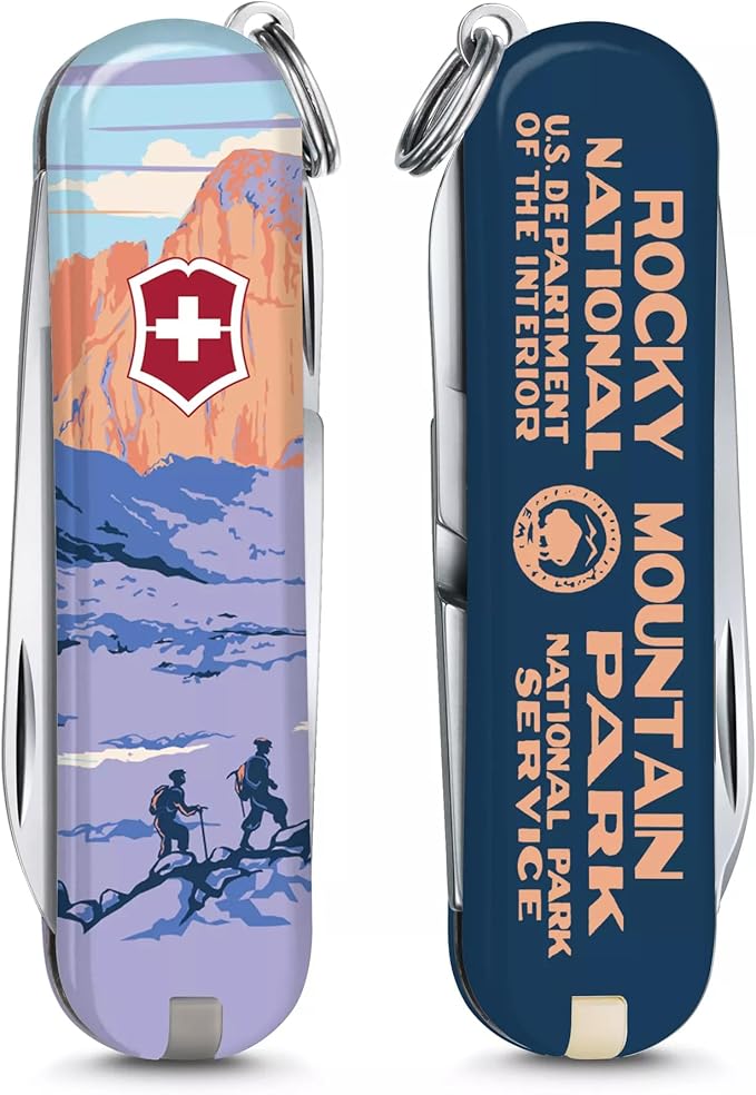 Victorinox Classic SD Swiss Army Knife Compact 7 Functions Swiss Made Pocket Knife with Small Blade Screwdriver and Key Ring - Rocky Mountains National Park