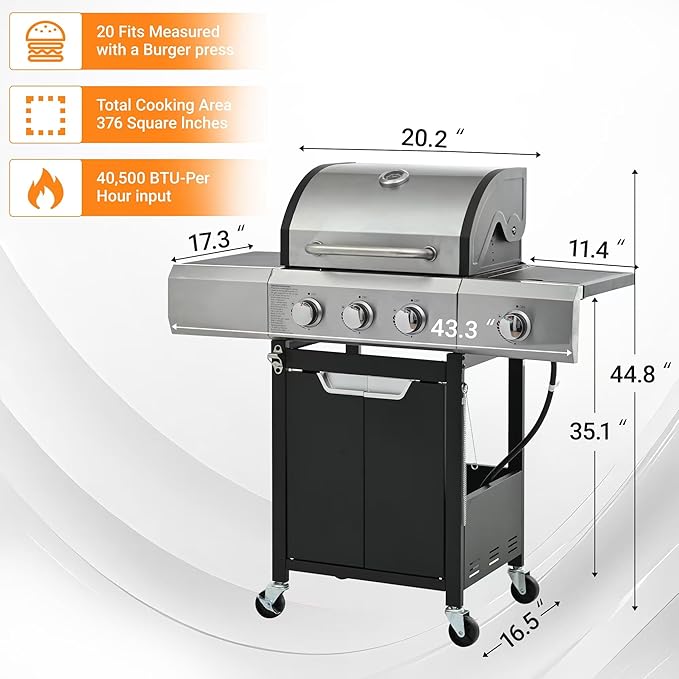 3 Burner Gas Grill with Cloth Cover – High-Powered 51000 BTU Burners Stainless Steel Construction Ample Cooking Space – Perfect for Backyard Barbecues Parties and Family Gatherings