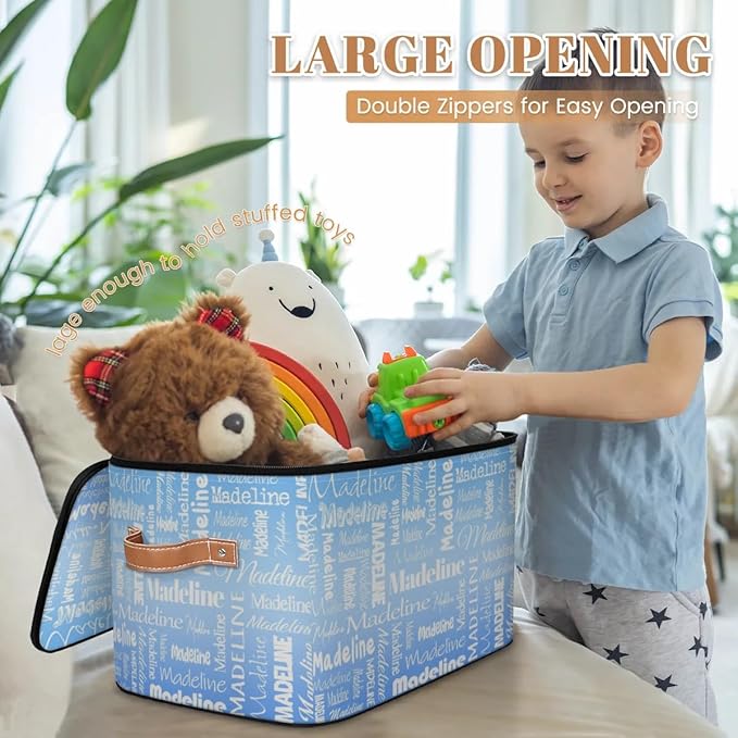 Custom Storage Basket with Name Personalized Keepsake Box with Zipper Lid Foldable Fabric Memory Bin Large capacity with Handle Blue