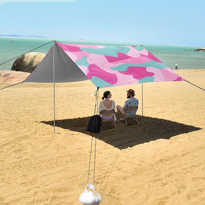 Cyan Aqua Foldable Beach Tent UPF50+ Waterproof Portable Sun Shelter Includes Sand Shovel Sandbags Stability Poles for Camping Trips Fishing Backyard Fun or Picnics