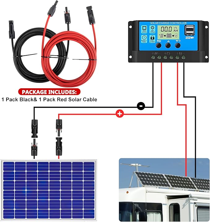 Vansdon 2x100 Feet Solar Panel Extension Cable 10AWG Solar Cable with Female and Male Waterproof Connectors for RV Photovoltaic Systems (100FT Red + 100FT Black)